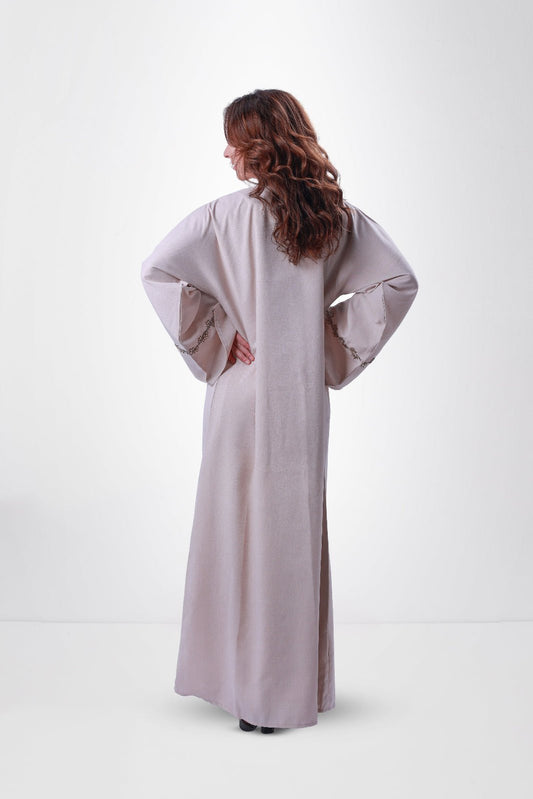 Abaya Beige Lin vue de face – Abaya Pearl®
